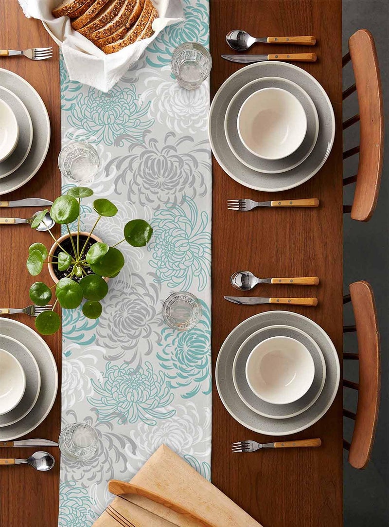PIEPLE Aqua Chrysanthemum Flowers Table Runner-Cotton Linen-Long 13x90inches Dresser Scarves,Floral Grey Tablerunner for Kitchen Coffee/Dining/End Table Bedroom Living Room,Scarf Decor for Holiday - Image 2